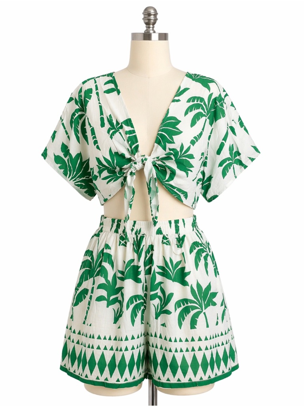 Green Palm Print Tie-Front Crop Top & Shorts Set